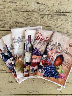 Brand New 6 Pc Red Wine Lover's Toscana Hanging Dish Towels